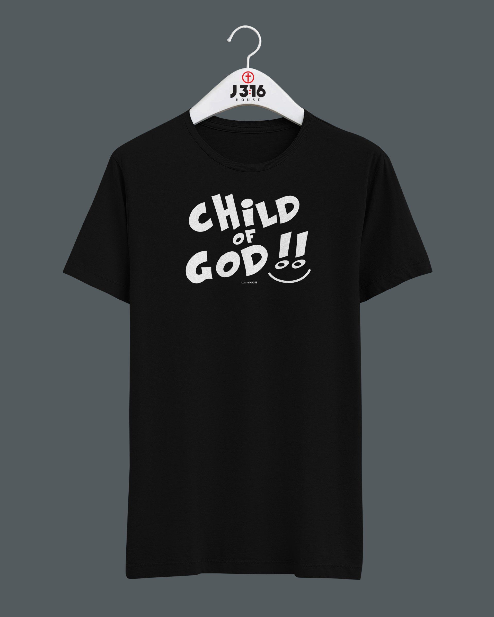 A black t-shirt with the words `` child of god '' on it is hanging on a hanger.