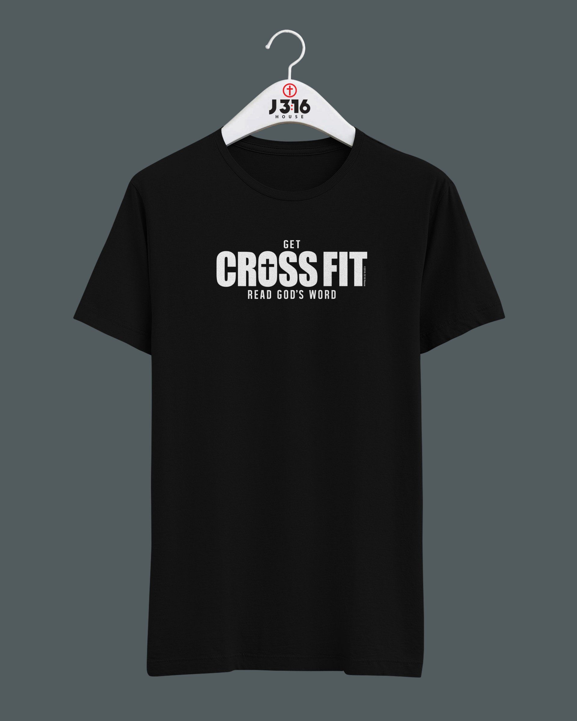 A black crossfit t-shirt is hanging on a hanger.