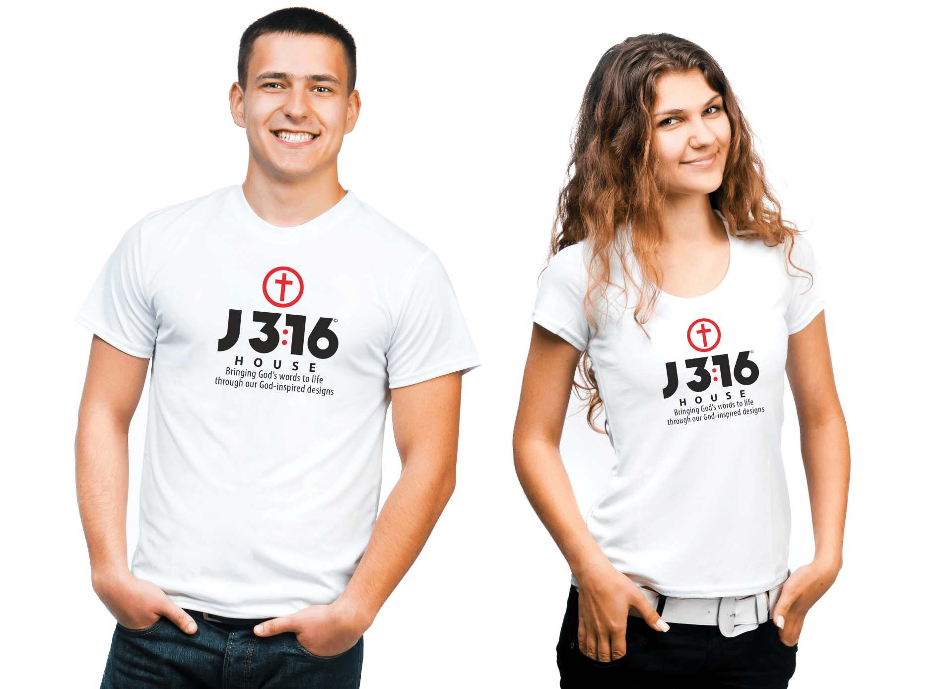 Two people modeling white J316 T-shirts on a white background