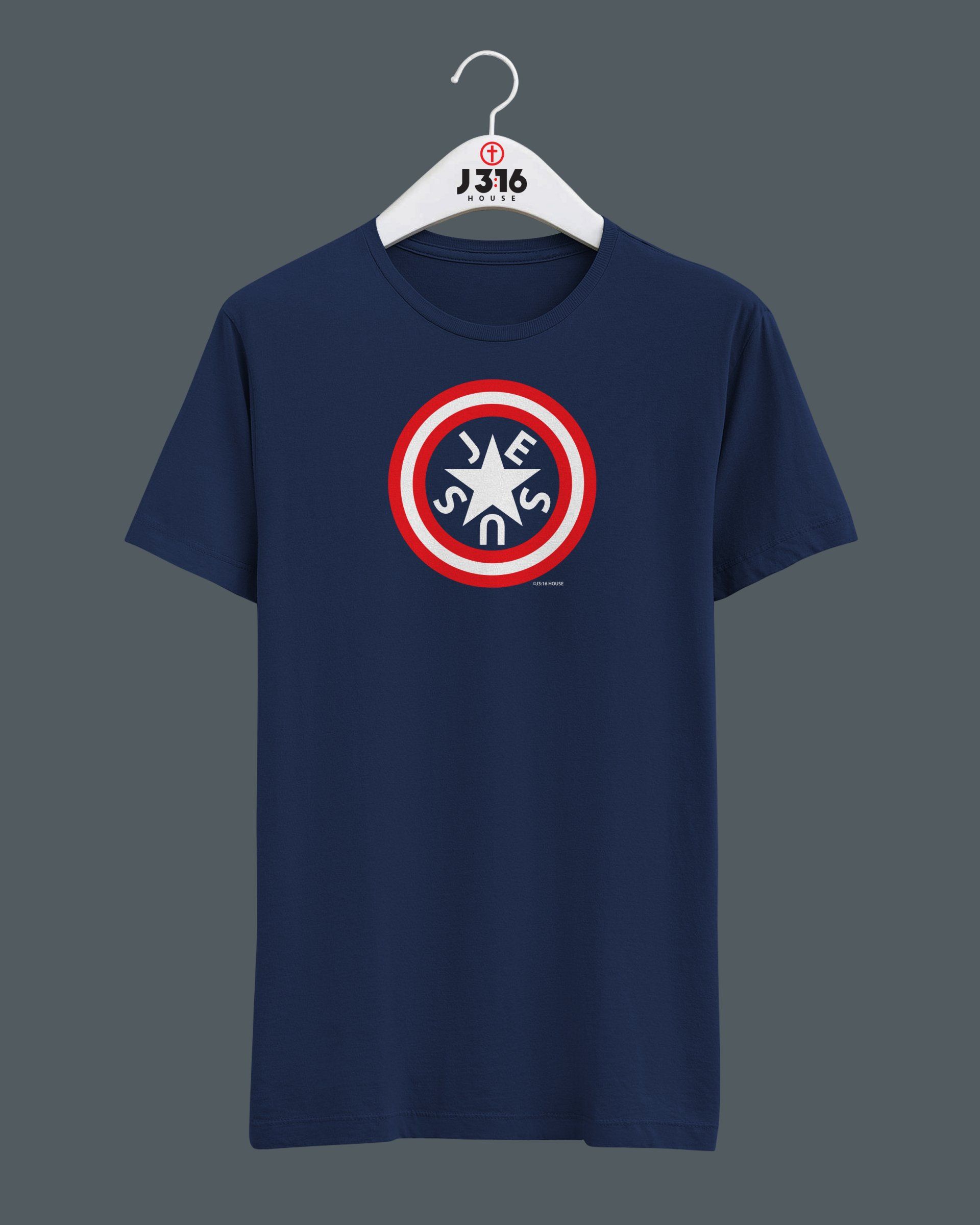 A blue t-shirt with a captain america logo on it is hanging on a hanger.