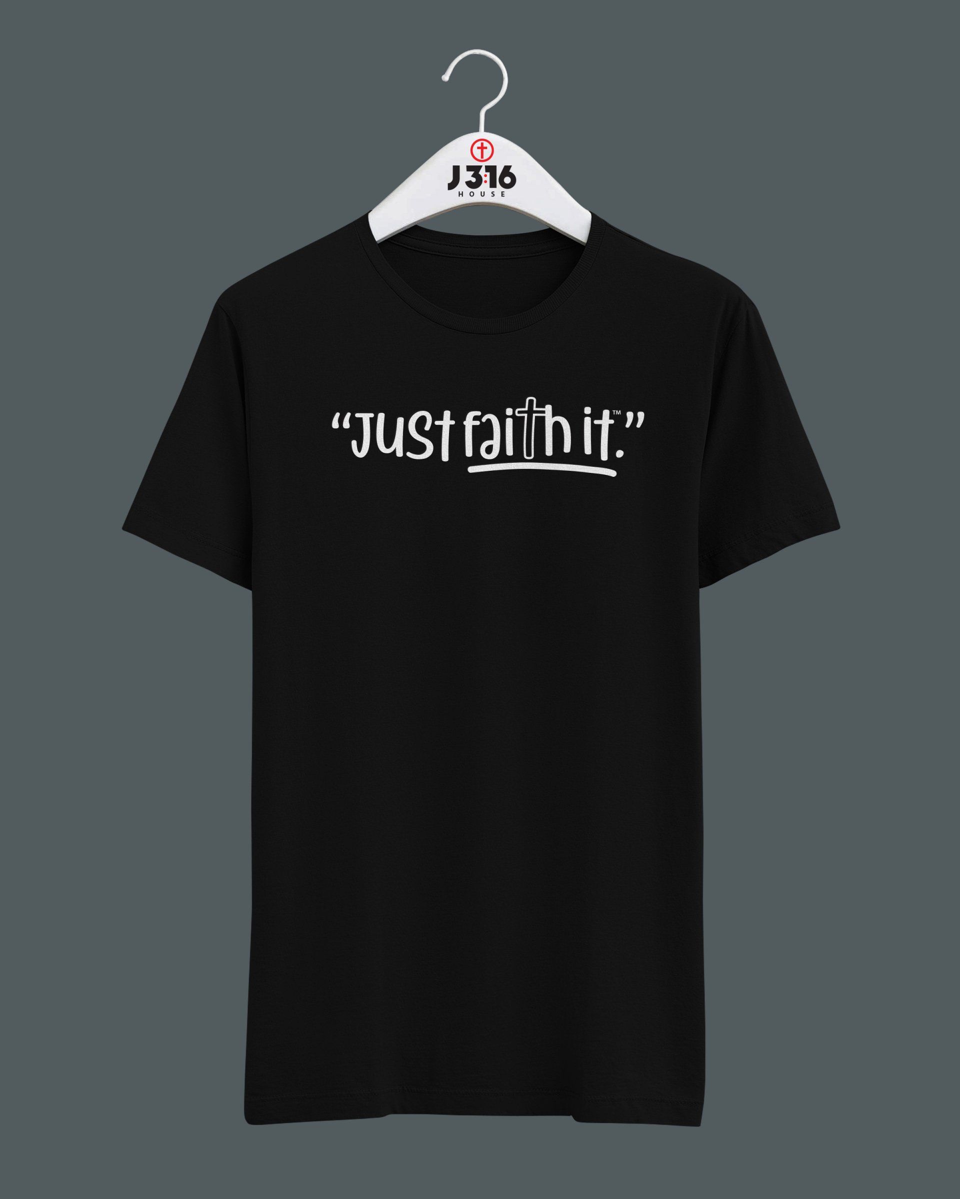 A black t-shirt is hanging on a white hanger.