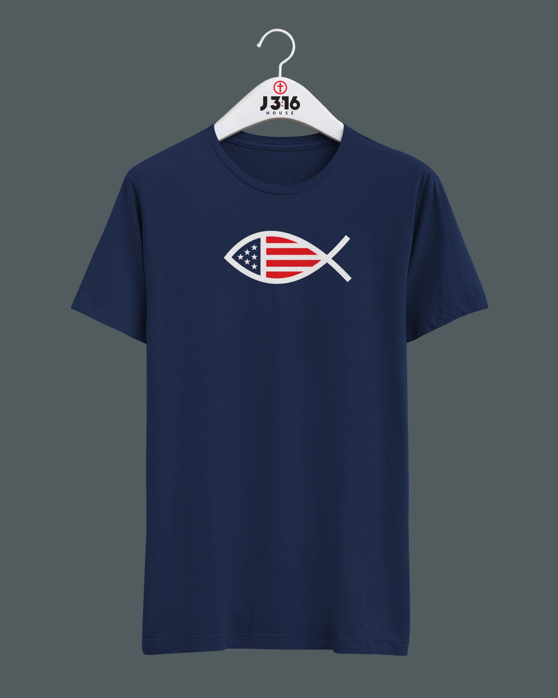 A blue t-shirt with an american flag fish on it