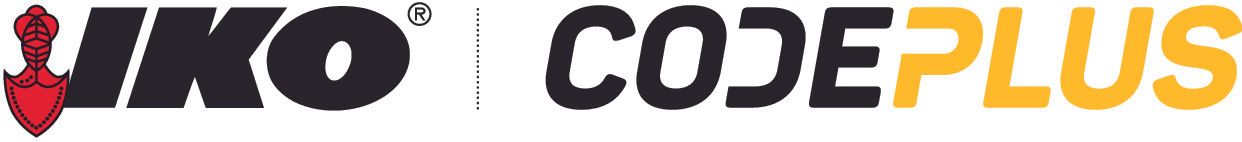 IKO Code Plus logo in black and gold text. A red arrow is present at the beginning of the logo.