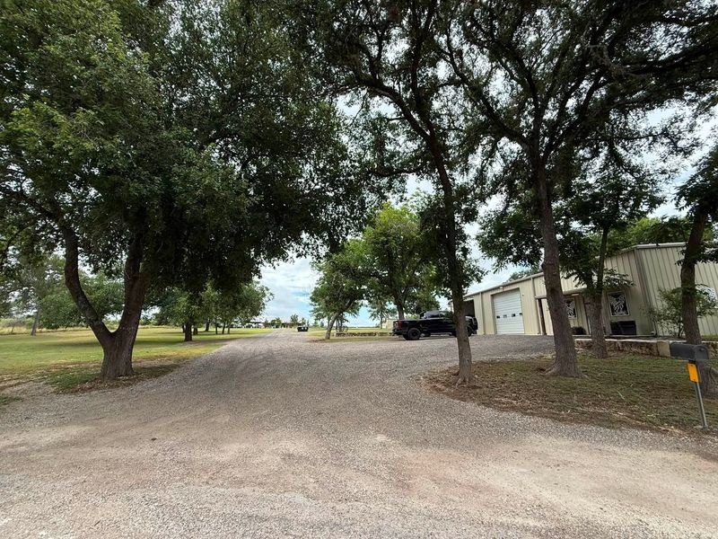 Gravel road under trees leading to a small building and parked car on a cloudy day