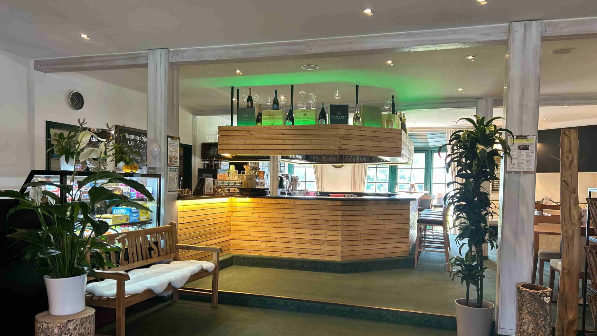 Die Bar des Restaurant Platzhirsch mit Stühle und grüner Beleuchtung