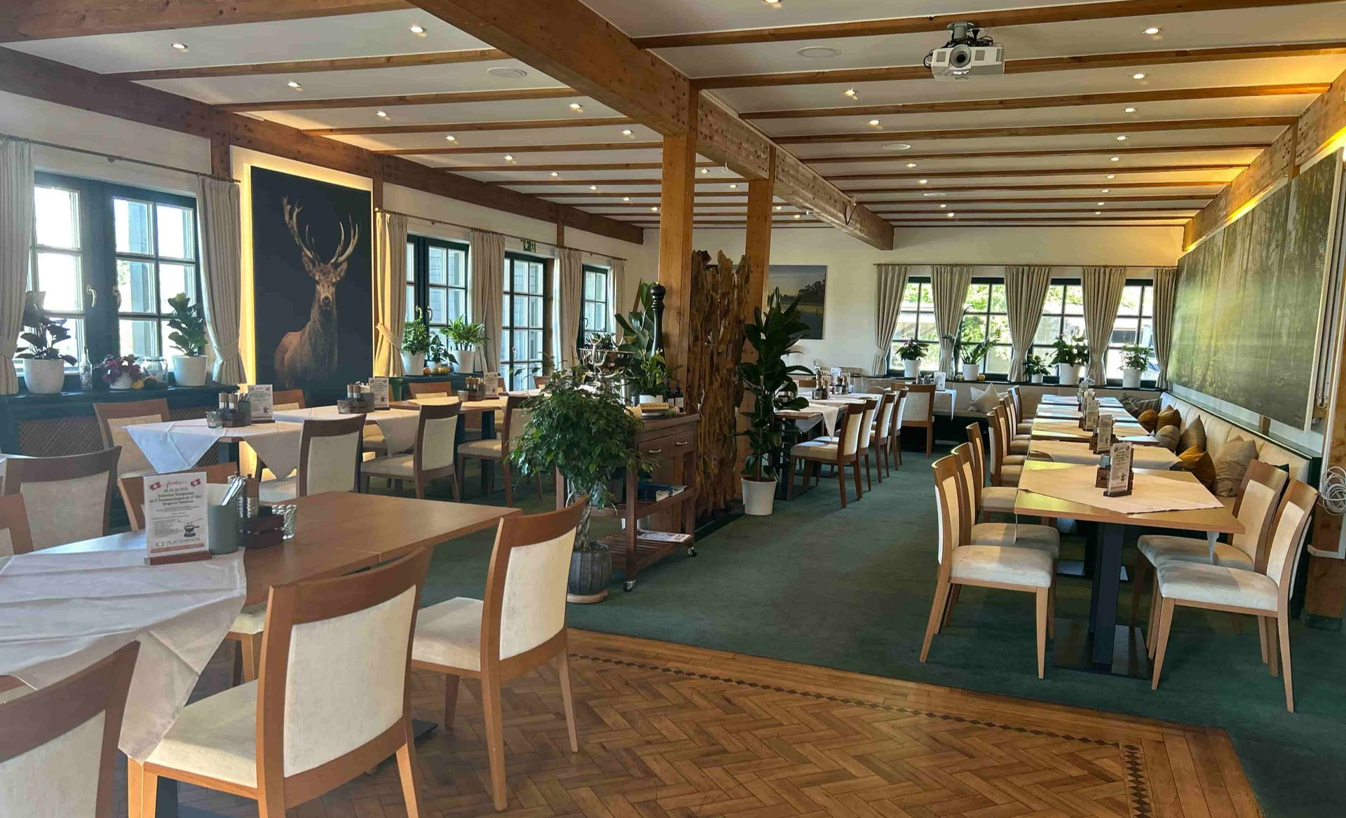 Der Hauptraum des Restaurant Platzhirsch Olching mit Tischen, Stühlern und Bildern mit Naturmotiven und einem Hirsch