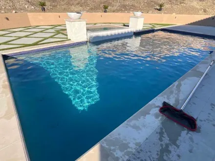 Rectangular pool with clear blue water, waterfall, and cleaning brush on the side.