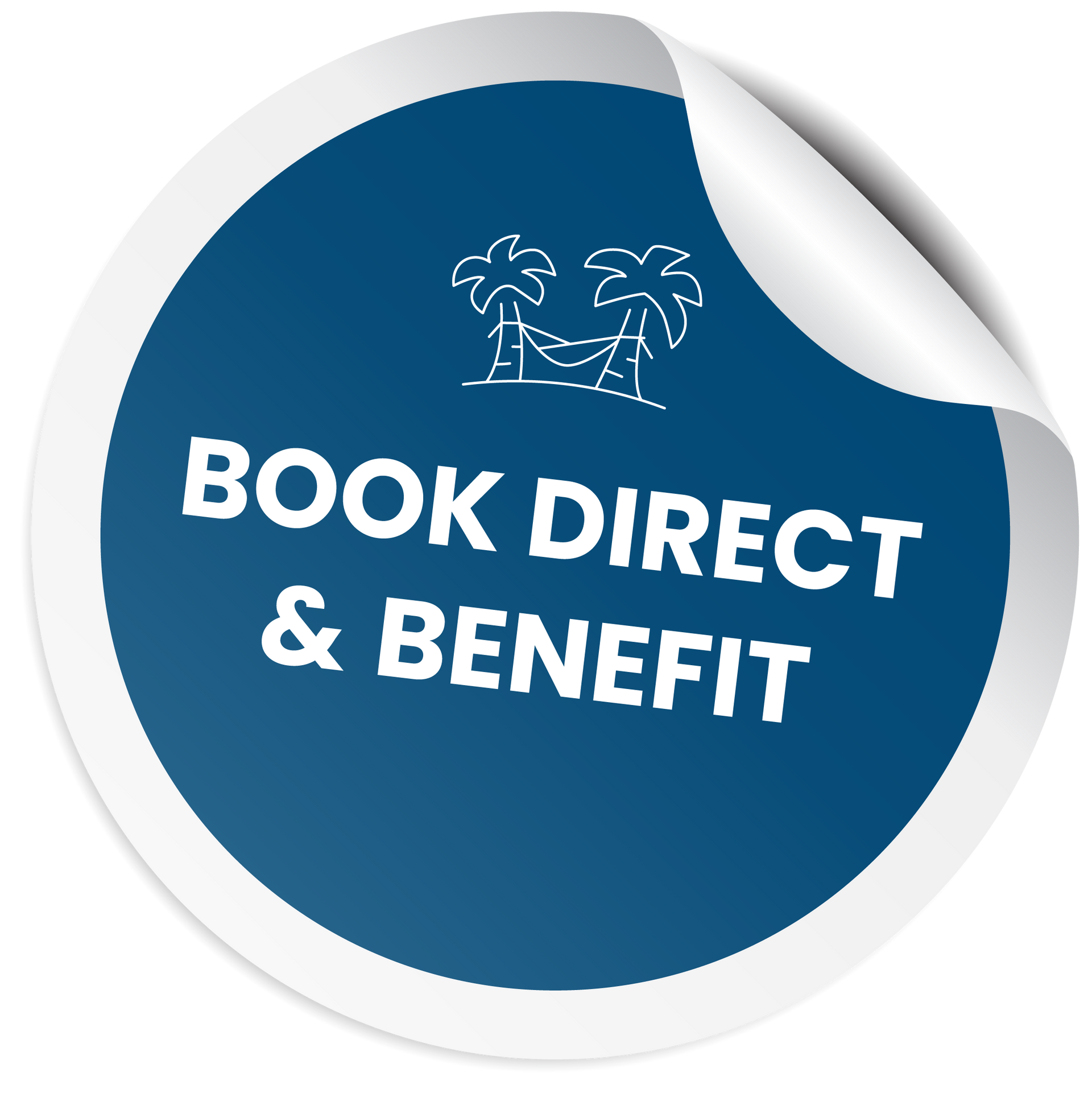 A blue sticker that says book direct & benefit