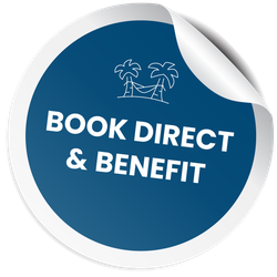 A blue sticker that says book direct & benefit