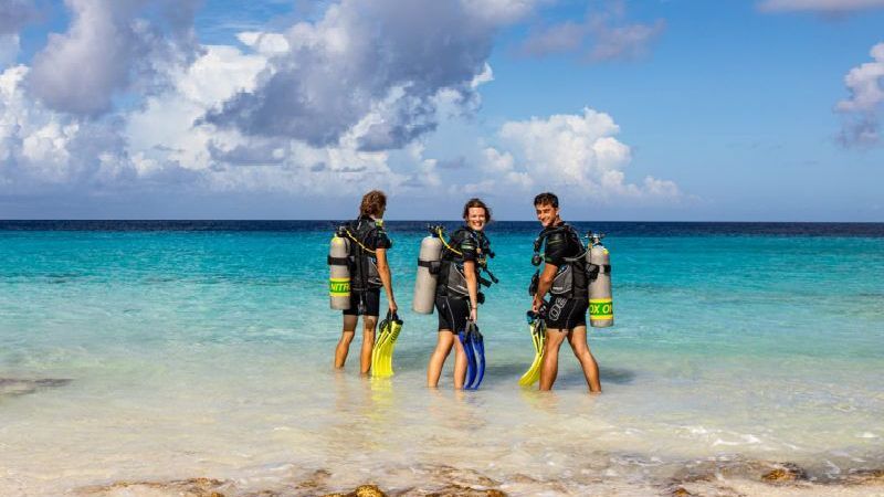 A group of scuba divers are standing in the ocean.