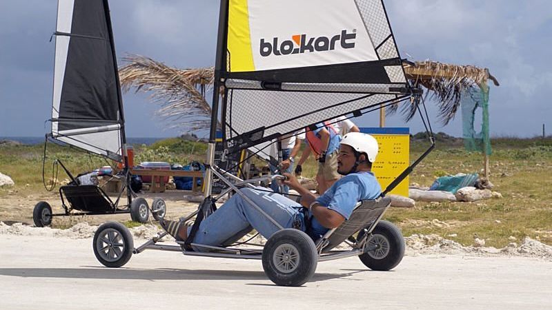 A man in a blue shirt is driving a blakart vehicle