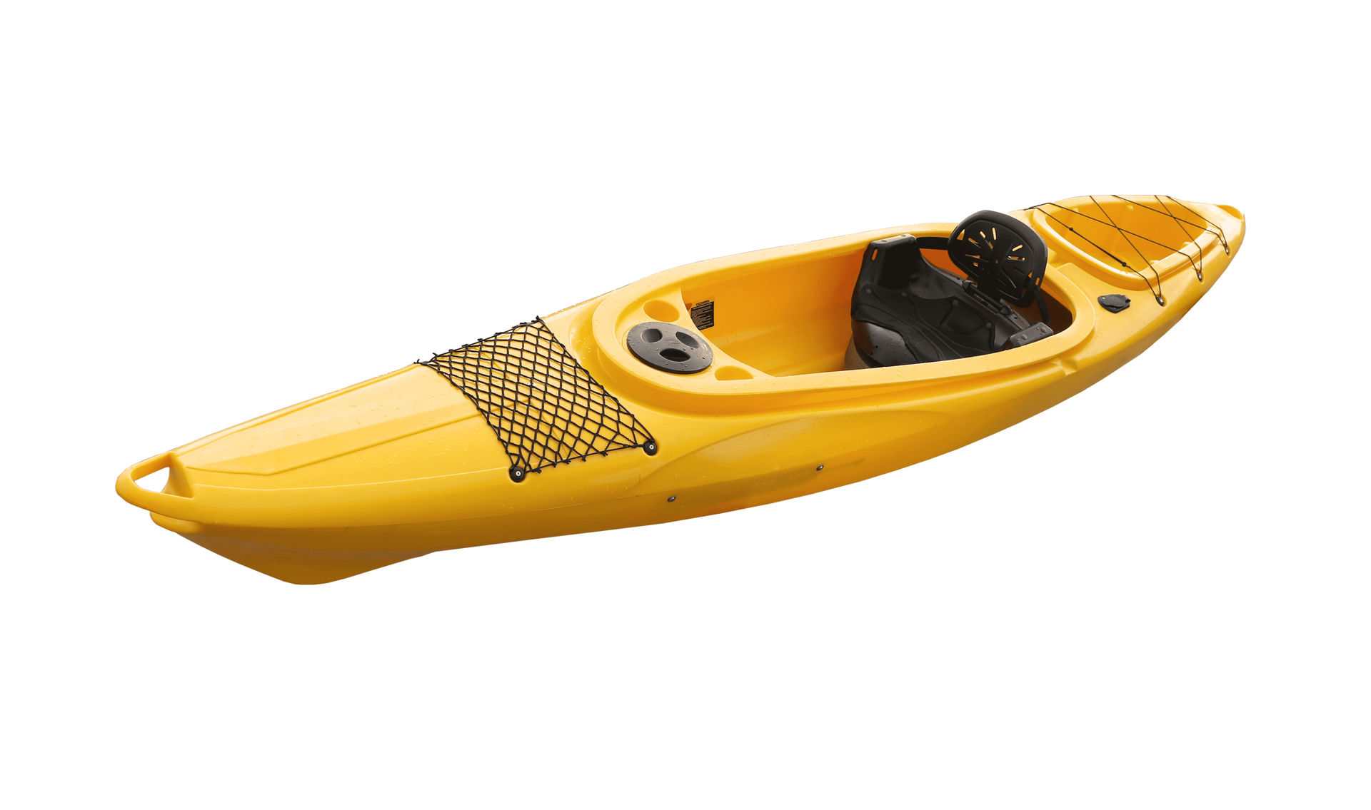 A yellow kayak with a black seat on a white background.