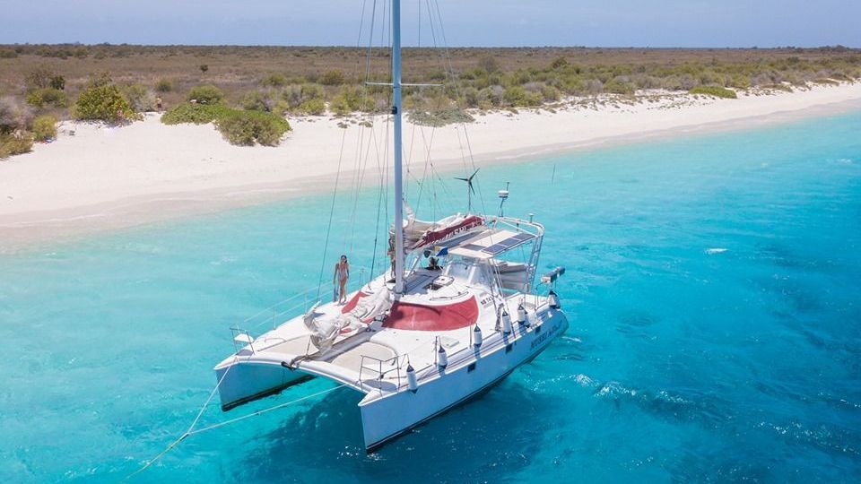 An aerial view of a sailboat in the ocean near a beach.