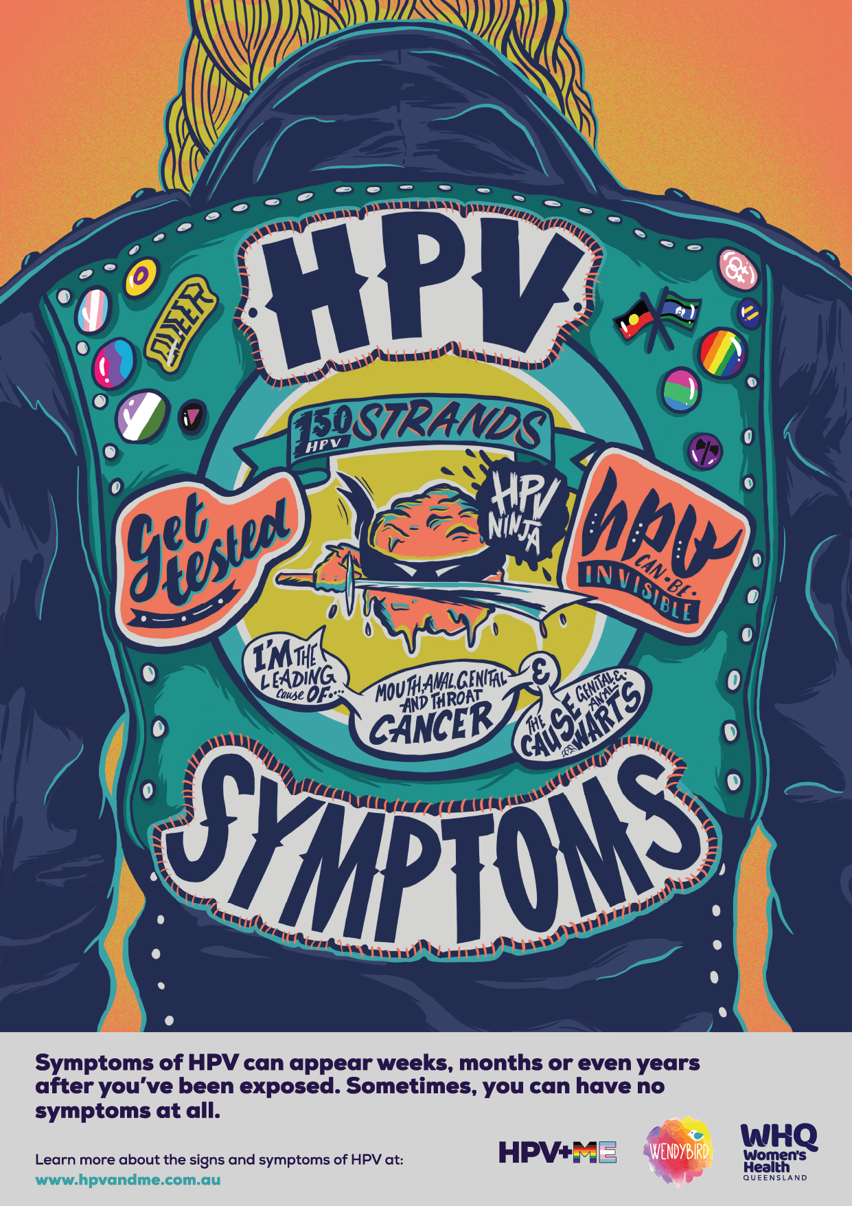 HPV+Me campaign poster illustration of a non-binary person from the back, their leather jacket has v