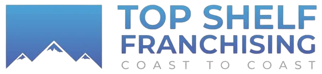 Logo for Top Shelf Franchising with a mountain range design, blue gradient background, and text 