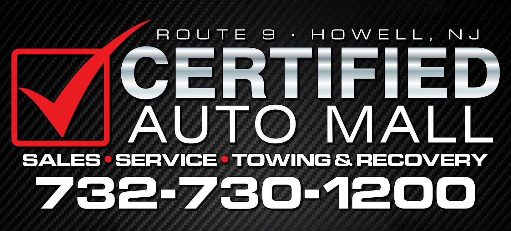 Logo for Certified Auto Mall in Howell, NJ. Features a red checkmark, white text, and a phone number.