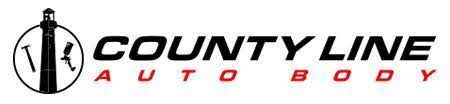 Logo for County Line Auto Body. A lighthouse inside a circle with the company name in black and red text.