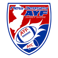 Logo for New Jersey AYF Jersey Shore: a red, white, and blue shield with a football and NJ outline.