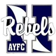 Logo of "Rebels" over a blue and white "H," with "AYFC" at the bottom.