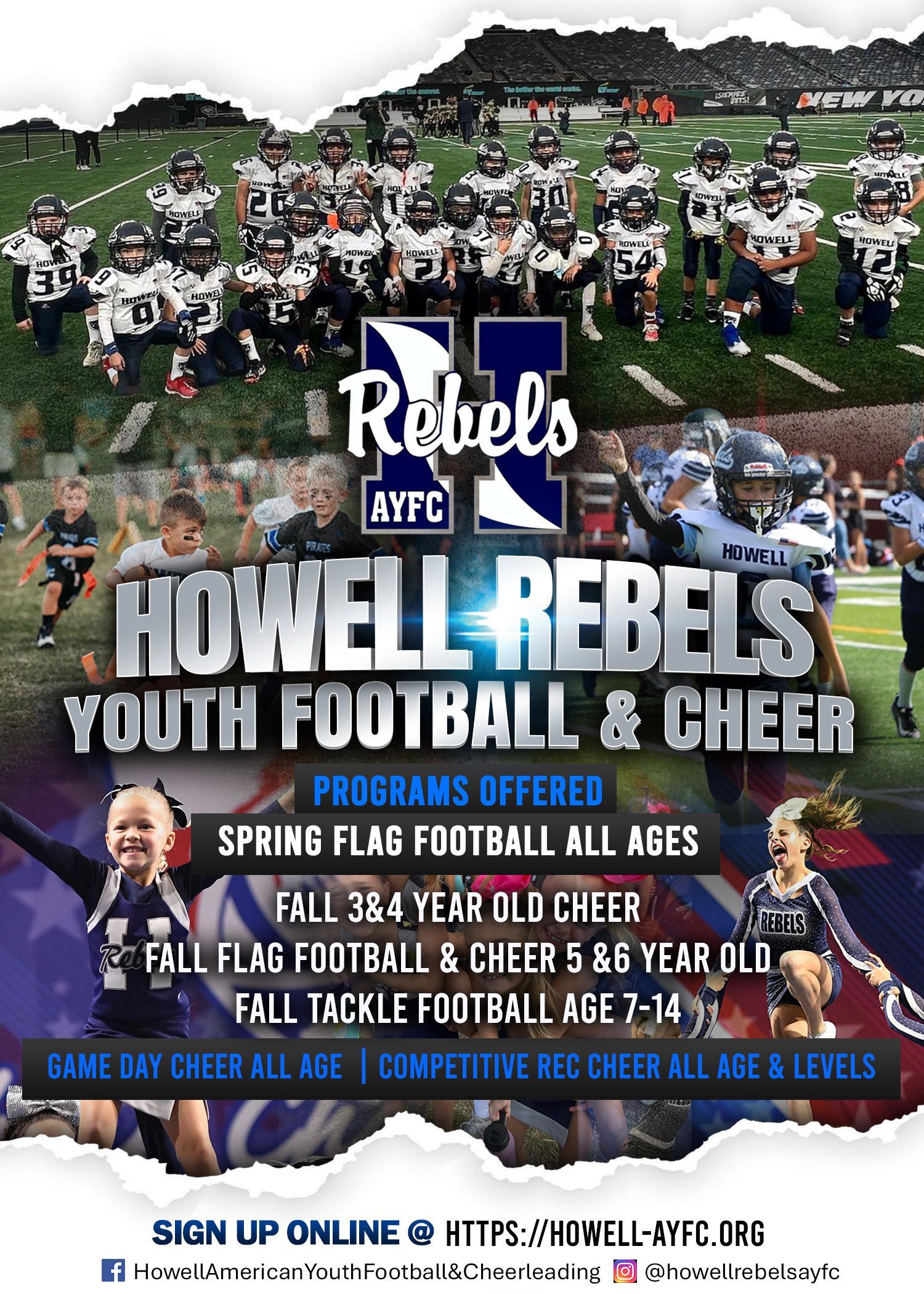 Flyer for Howell Rebels Youth Football & Cheer. Programs offered: Flag football, cheerleading, and tackle football.