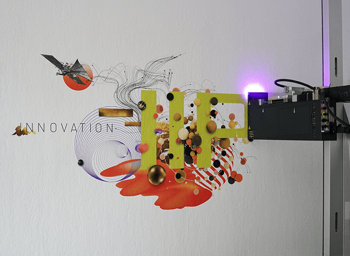 Wall Zen UV wall printing in action — custom mural being printed in Dubai home