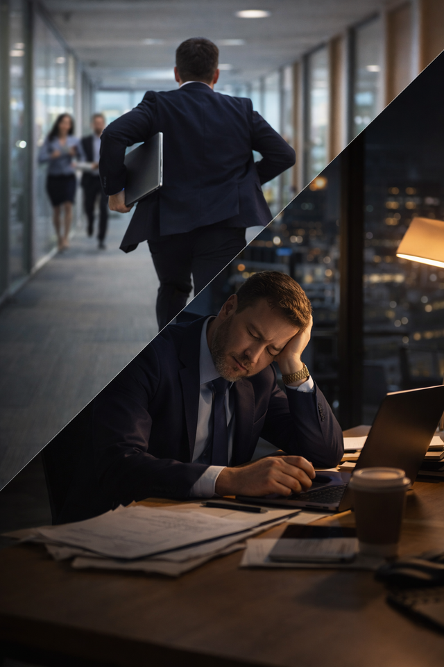 Chaotic workday contrasted with late-night exhaustion in the office