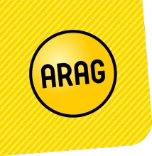 Yellow circular ARAG logo with black border and text on a striped yellow background