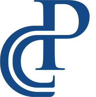 A dark blue monogram logo featuring an intertwined letter C and P.