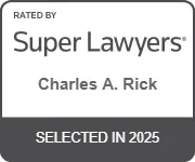 Super Lawyers badge for Charles A. Rick, selected in 2025, gray and white emblem with dark footer
