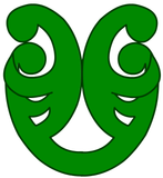 A green swirl with two eyes and a mouth on a white background.