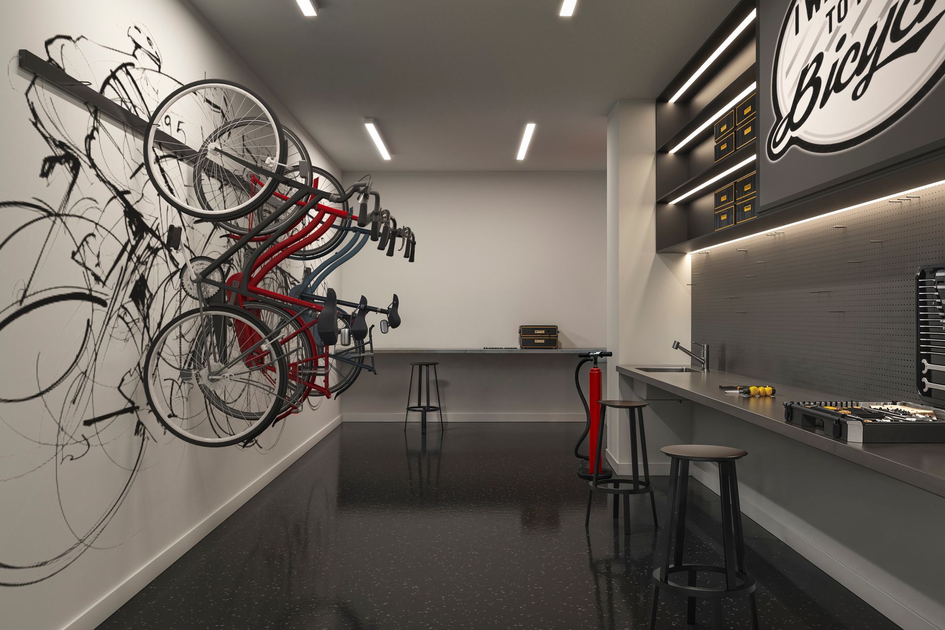 Bike repair shop interior with bikes mounted on walls and a workstation. Black and white, clean design.