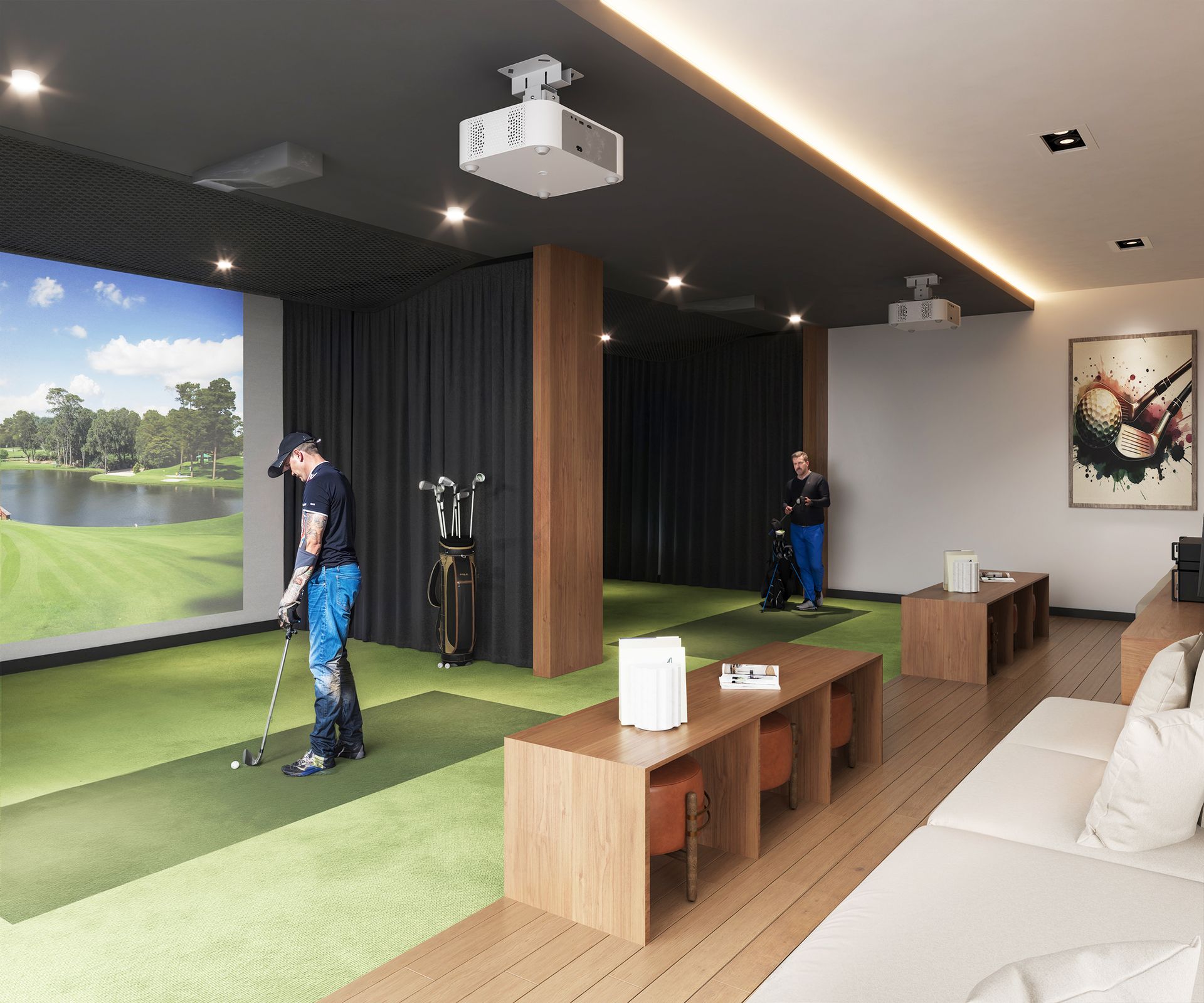 Golf simulator room: Man swings at golf ball, another person watches. Green and brown tones.