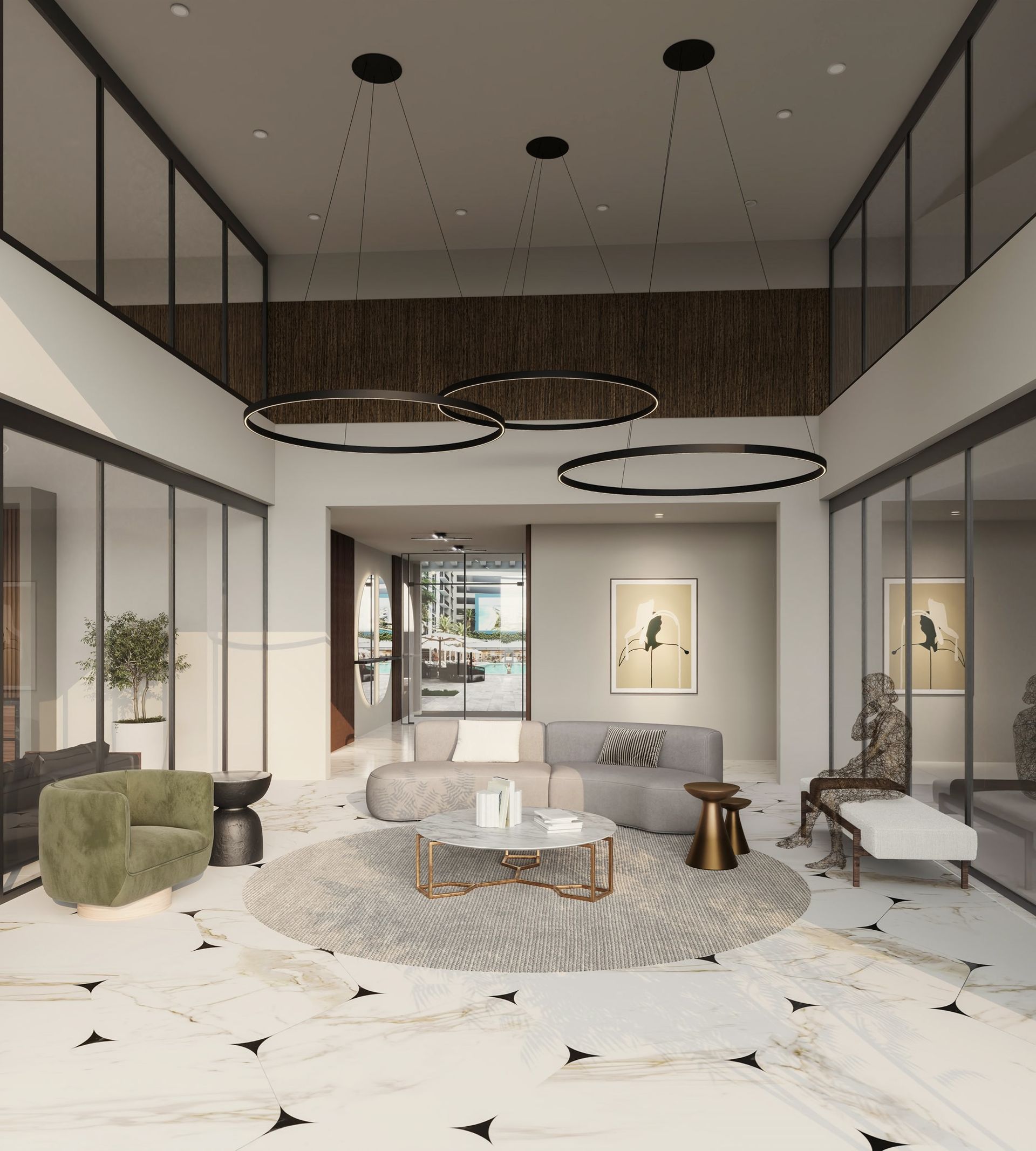 Luxurious living room with glass walls, modern furniture, and a rug.