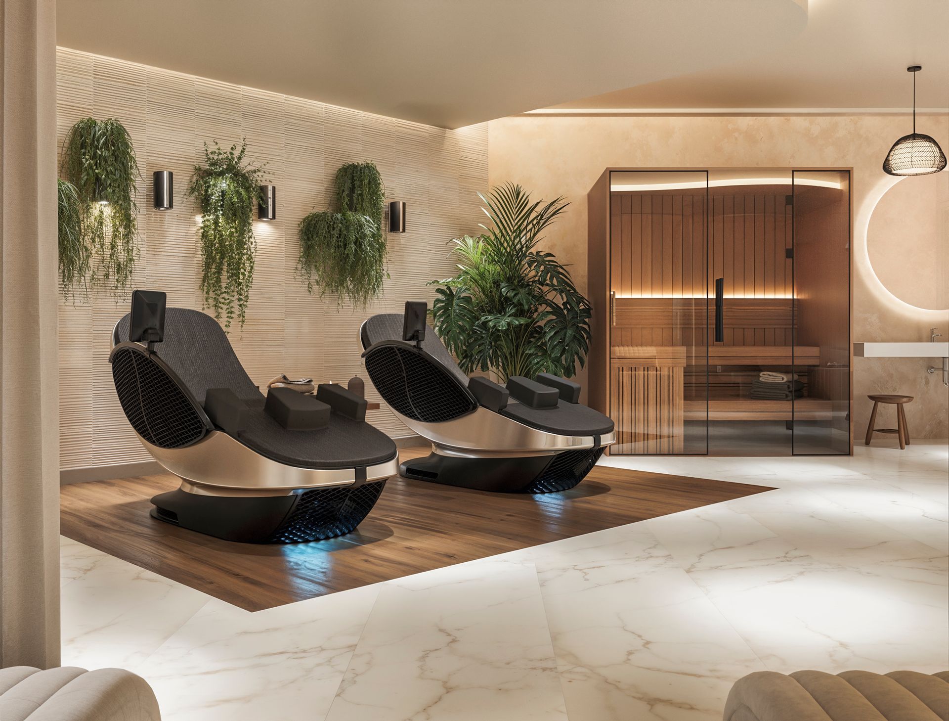 A spa-like room with two futuristic massage chairs, a sauna, and hanging plants against a textured wall.