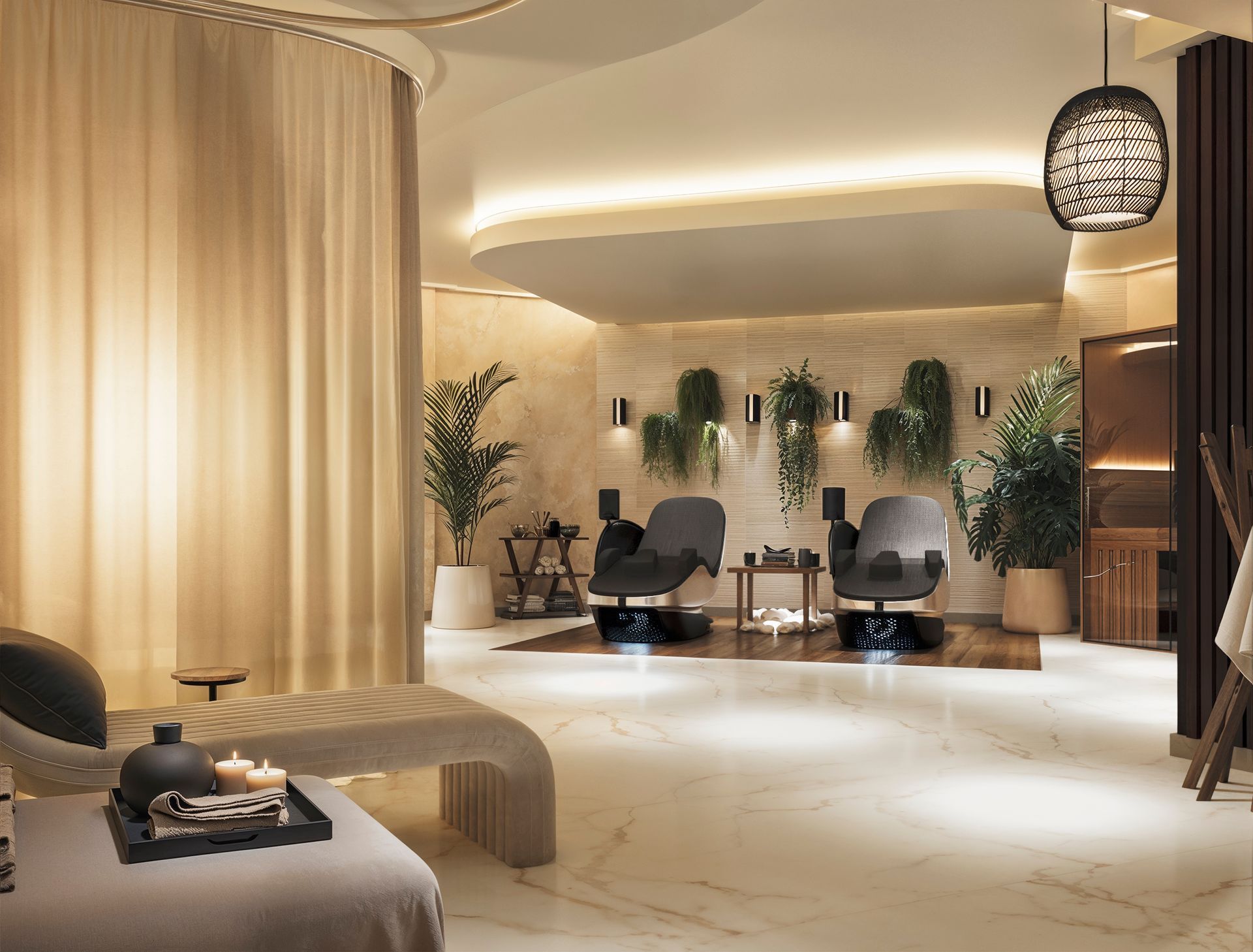 Spa lounge with cream and gold tones, featuring chairs, plants, and ambient lighting.