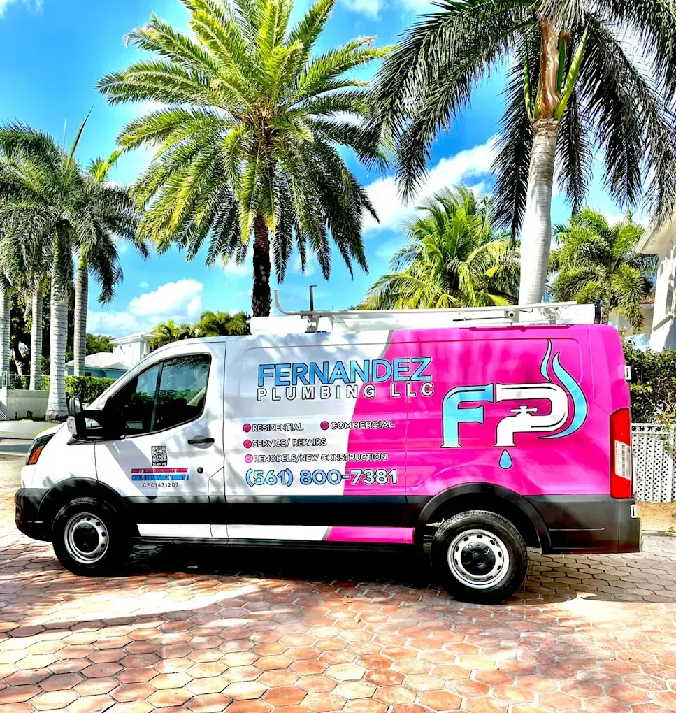 A pink and white van is parked in front of palm trees.