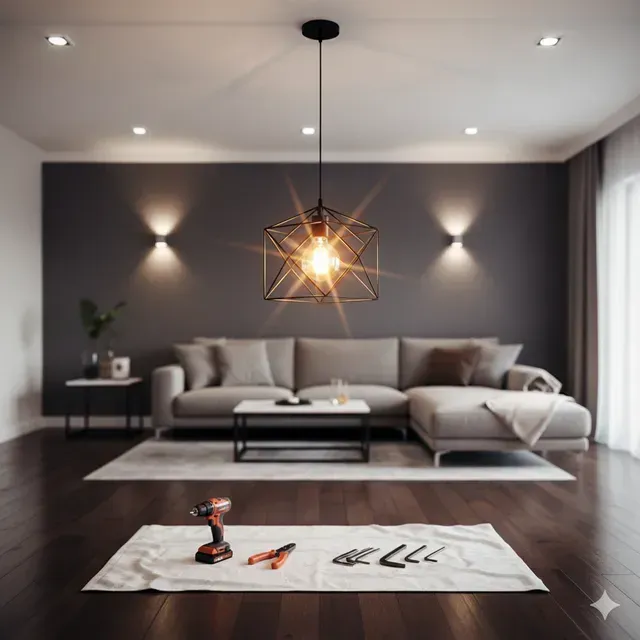 Living room with a sofa, pendant light, and tools on the floor; likely renovating.