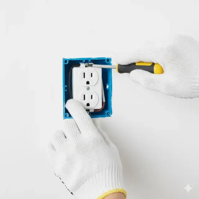 Hands in white gloves installing an electrical outlet with a screwdriver in a blue box on a white wall.