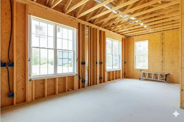 Interior of a room under construction, with wooden frame walls, windows, and a ladder against the wall.