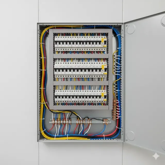 Opened electrical panel with rows of circuit breakers and colorful wires on a white wall.