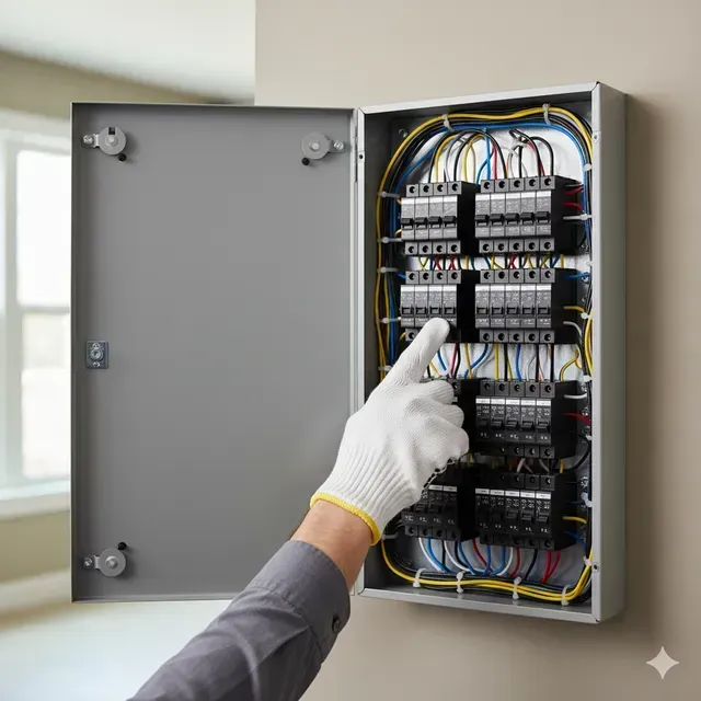Person wearing a glove points to an electrical panel with wires and circuit breakers. Gray metal box on beige wall.