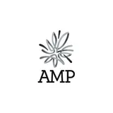 AMP logo: Abstract flower shape above letters 