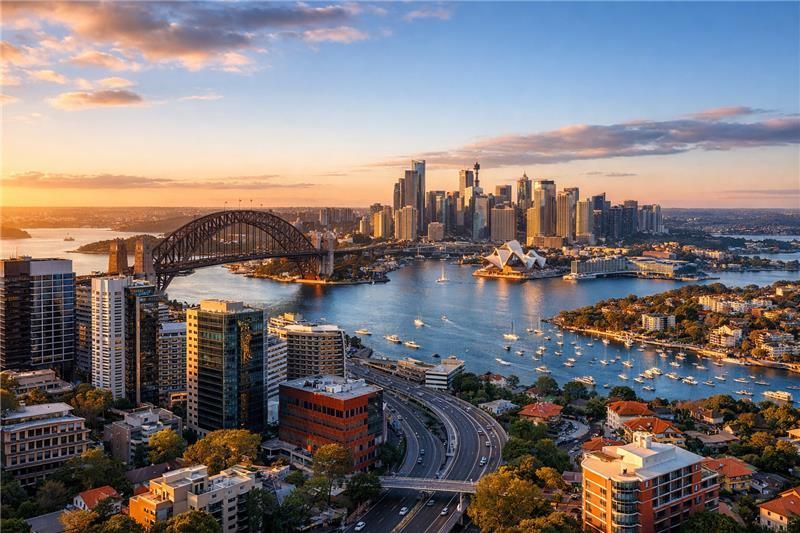 Sydney Harbour at sunset: iconic bridge, skyline, boats on water, and colorful sky.
