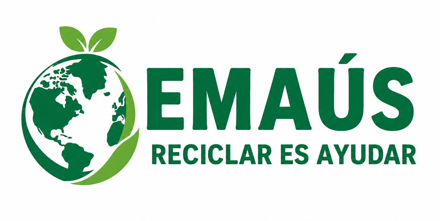 EMAÚS logo in green with globe and leaves, reading “RECICLAR ES AYUDAR”