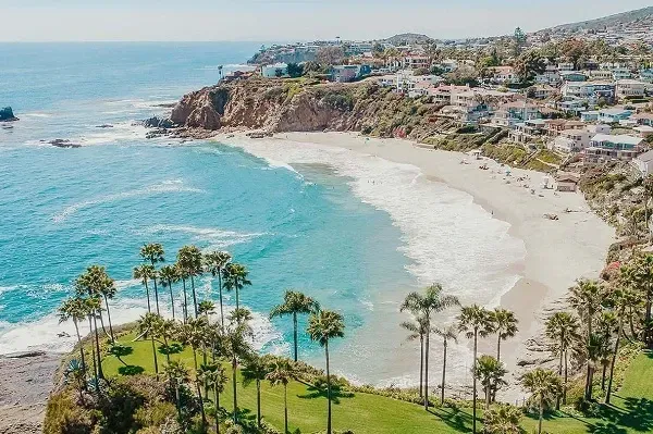 An aerial view of a beach with palm trees and a city in the background.