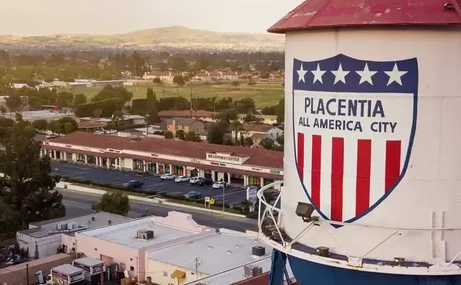 An aerial view of a water tower in placentia all america city