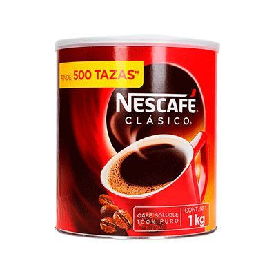 Lata de café Nescafé Clásico color rojo, 1 kg, con ilustración de taza de café.