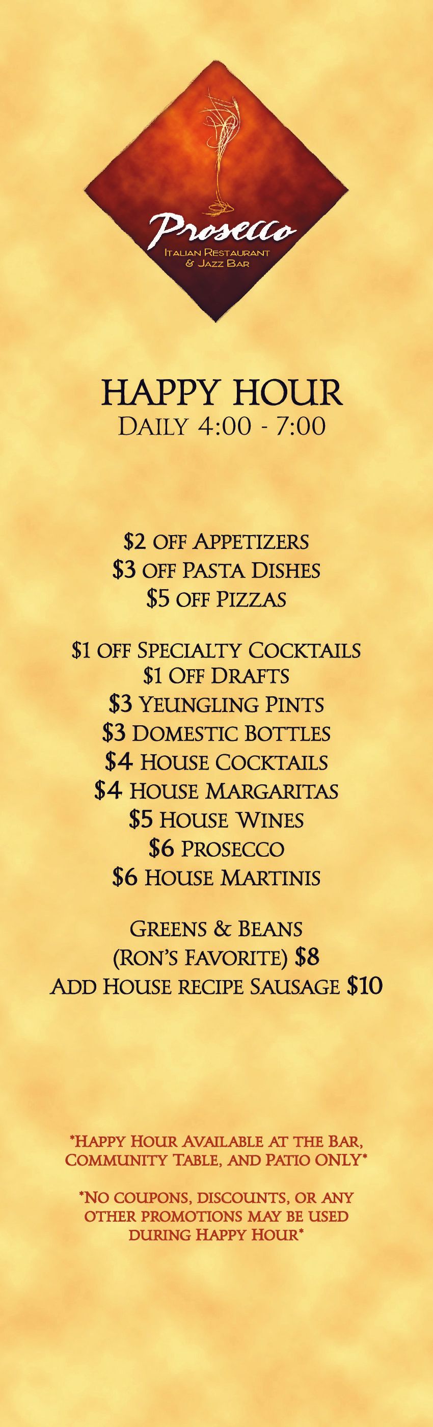 Happy Hour Specials Live Music Rochester NY Prosecco Italian 