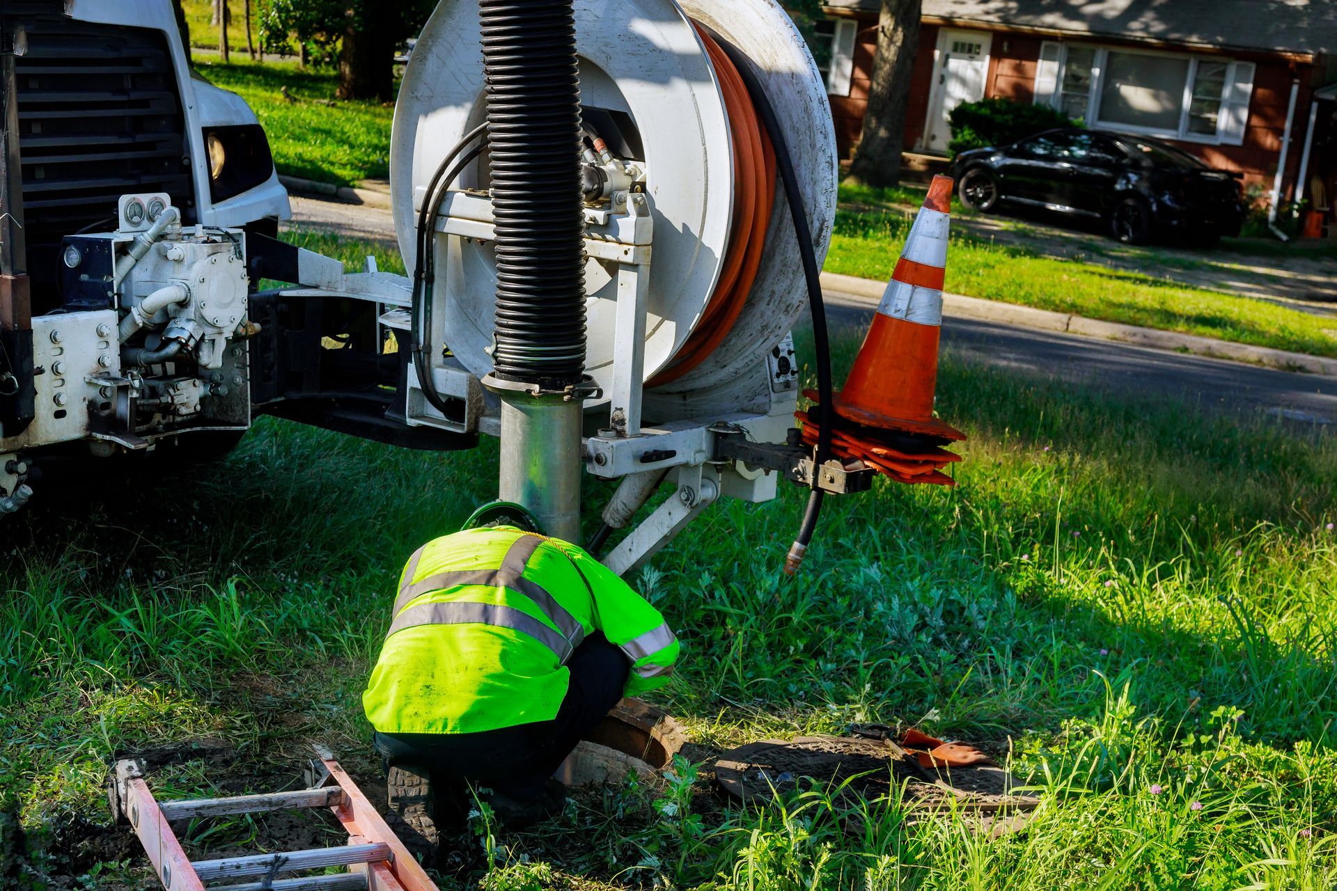 Man in blue gloves performing septic pumping on a residential tank for drain and sewage cleaning. Man in blue gloves performing septic pumping on a residential tank for drain and sewage cleaning.