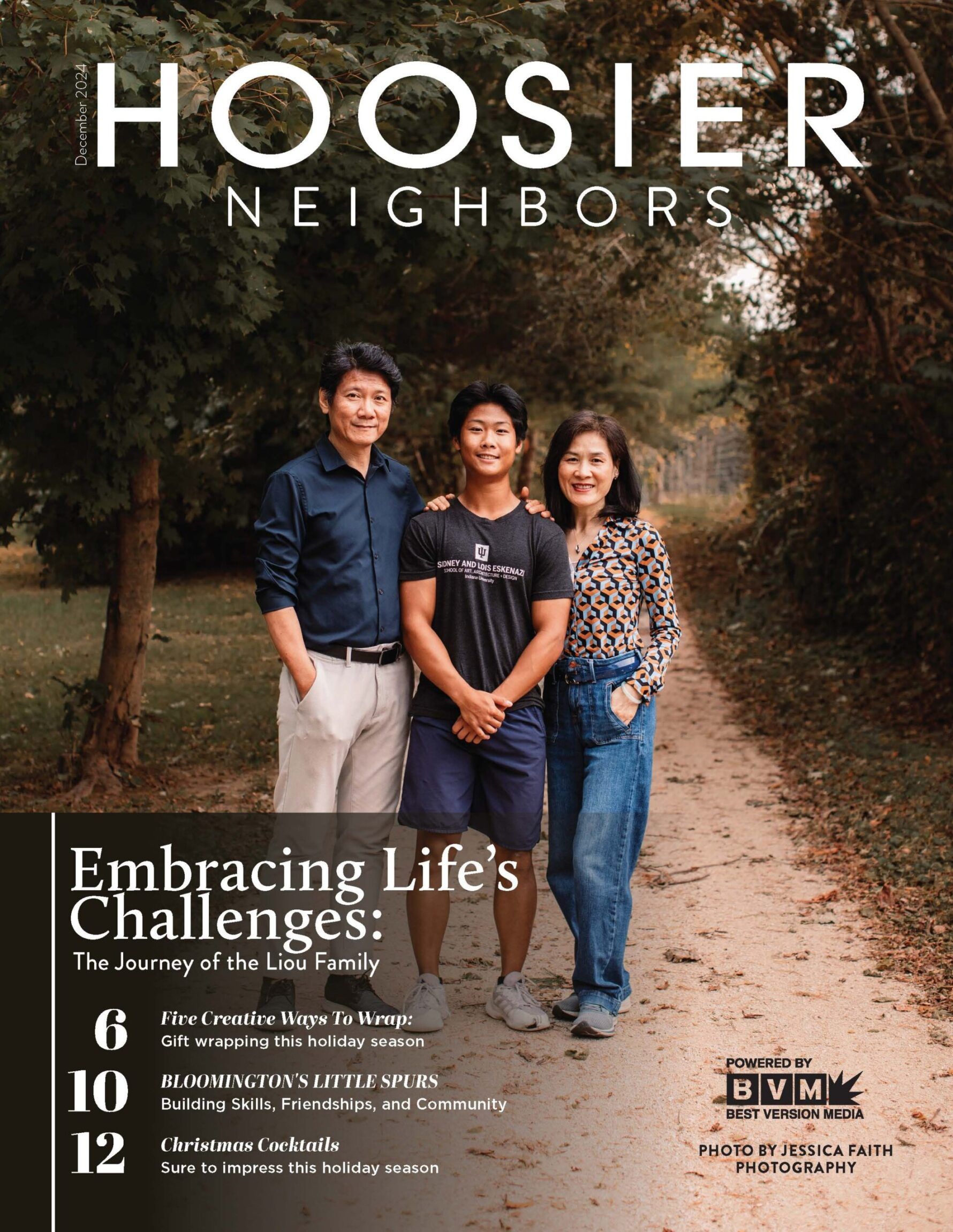 Cover of Hoosier Neighbors magazine featuring a family of three standing on a dirt path in a wooded area.
